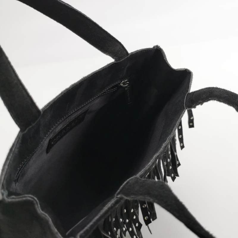 Chanel翻毛皮純色水鑽裝飾流蘇中古手提包-5