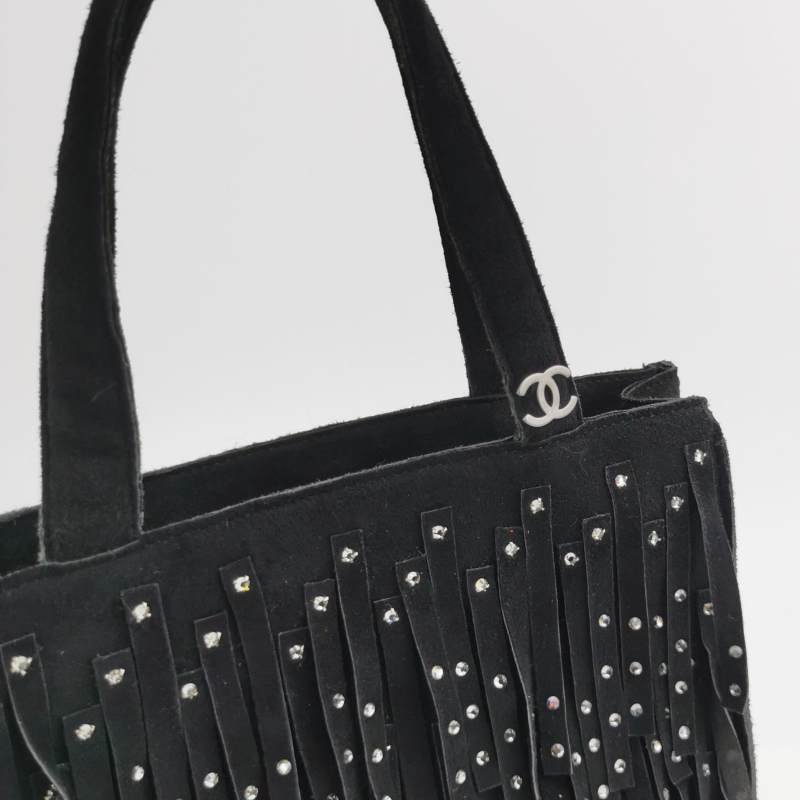 Chanel翻毛皮純色水鑽裝飾流蘇中古手提包-7