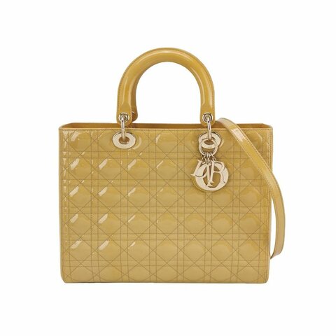 Dior Lady Dior戴妃包大號漆皮藤格紋字母Logo吊飾單肩包