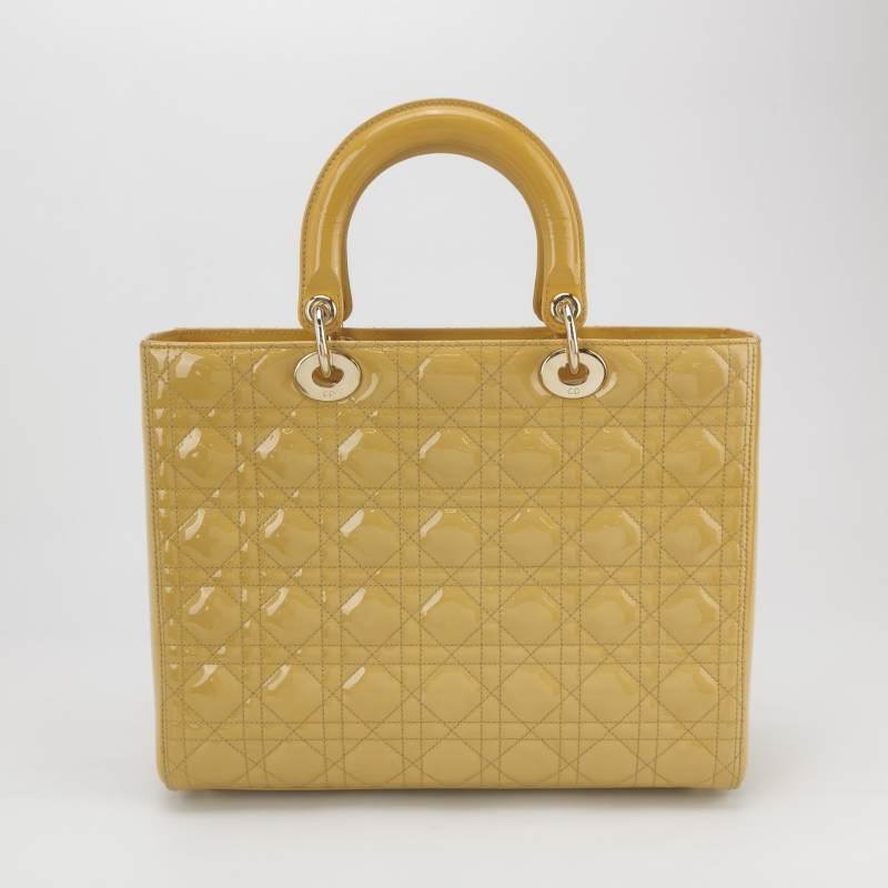 Dior Lady Dior戴妃包大號漆皮藤格紋字母Logo吊飾單肩包-4