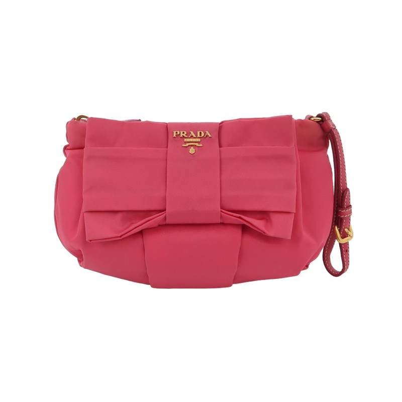 Prada羊皮尼龍布純色蝴蝶結裝飾字母logo手拿包-0