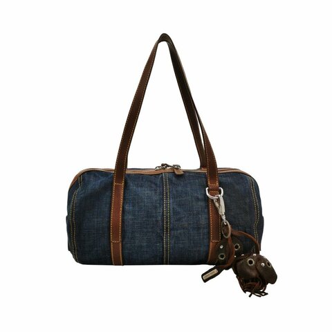 Miu Miu羊皮帆布拼色Logo吊飾拉鏈單肩包