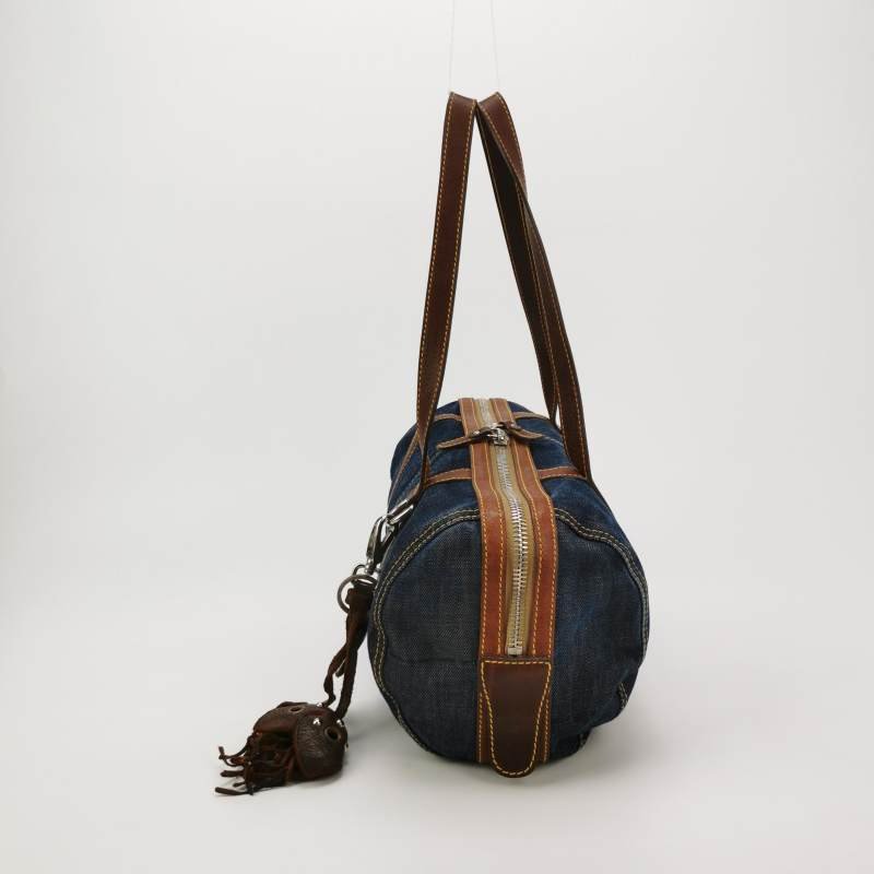 Miu Miu羊皮帆布拼色Logo吊飾拉鏈單肩包-2