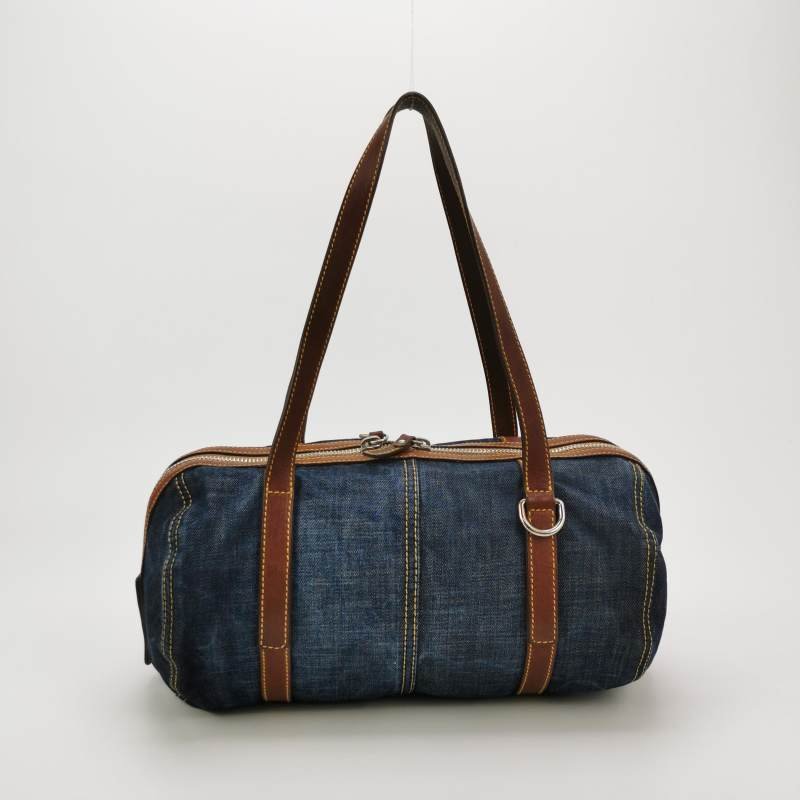 Miu Miu羊皮帆布拼色Logo吊飾拉鏈單肩包-4