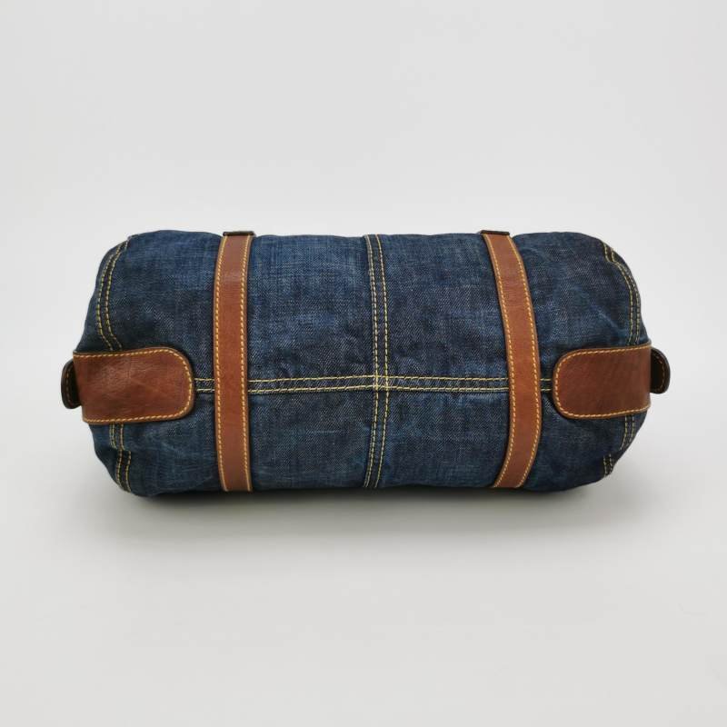 Miu Miu羊皮帆布拼色Logo吊飾拉鏈單肩包-5