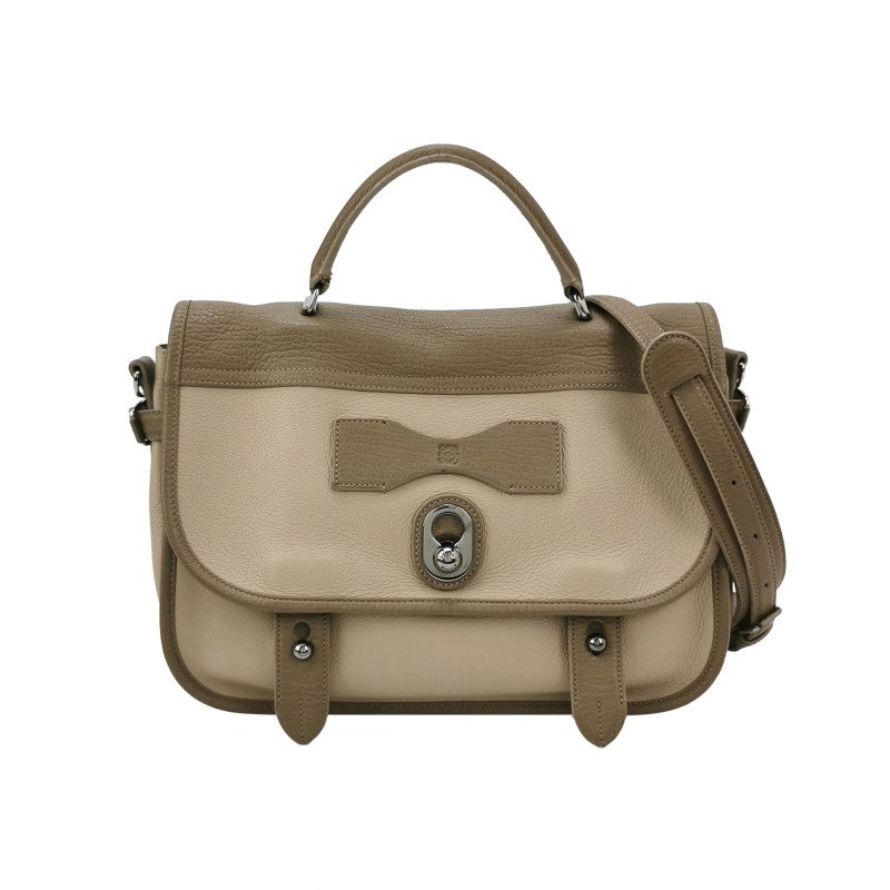 Loewe牛皮拼色logo標識金屬扣斜挎包單肩包-0