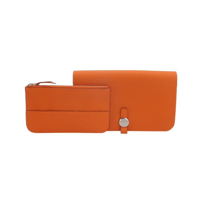 Hermes Dogon Duo馬鞍釘鎖扣子母包手拿包Swift牛皮銀扣93愛馬仕橙框R刻-0