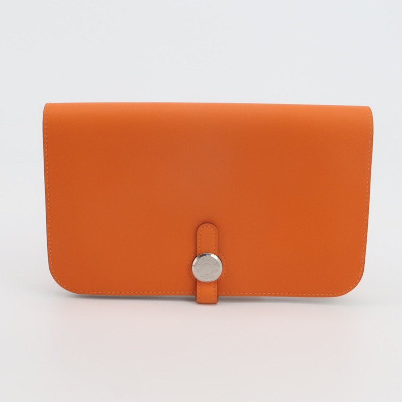 Hermes Dogon Duo馬鞍釘鎖扣子母包手拿包Swift牛皮銀扣93愛馬仕橙框R刻-1