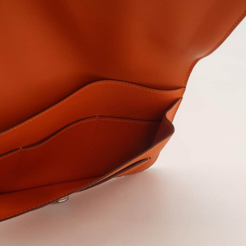 Hermes Dogon Duo馬鞍釘鎖扣子母包手拿包Swift牛皮銀扣93愛馬仕橙框R刻-6