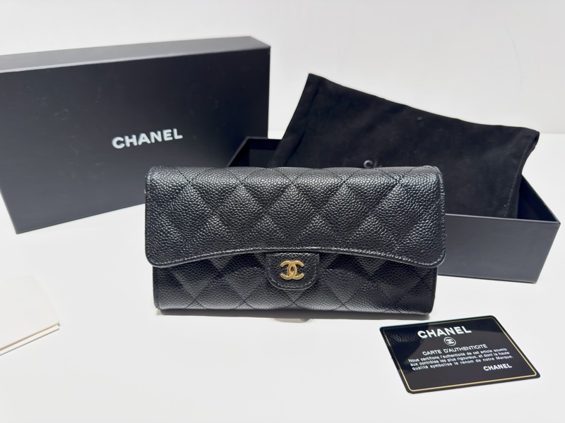 二手真品CHANEL黑色荔枝皮金釦coco翻蓋長夾AP0241-1