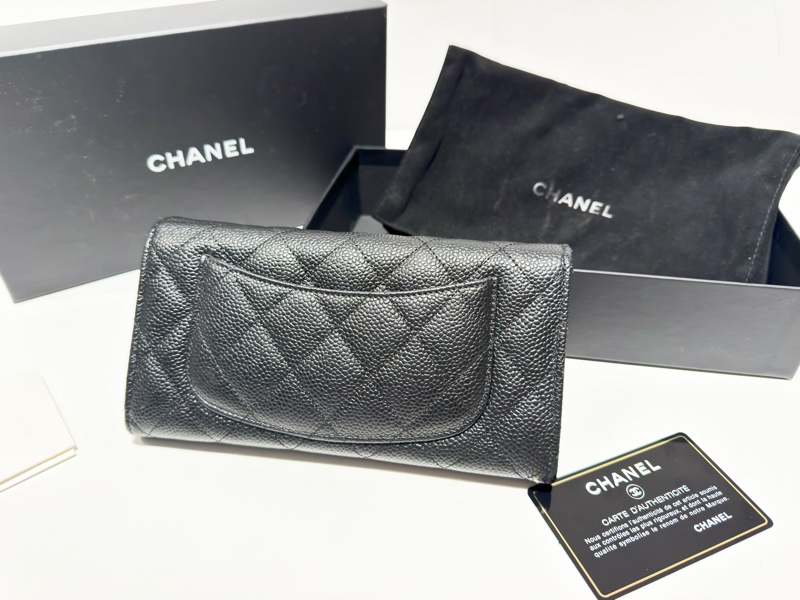 二手真品CHANEL黑色荔枝皮金釦coco翻蓋長夾AP0241-2