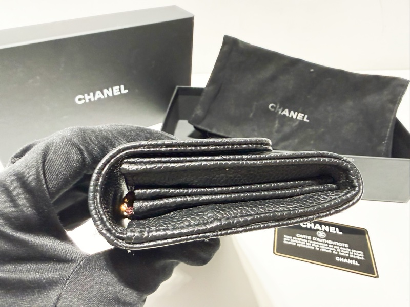二手真品CHANEL黑色荔枝皮金釦coco翻蓋長夾AP0241-4