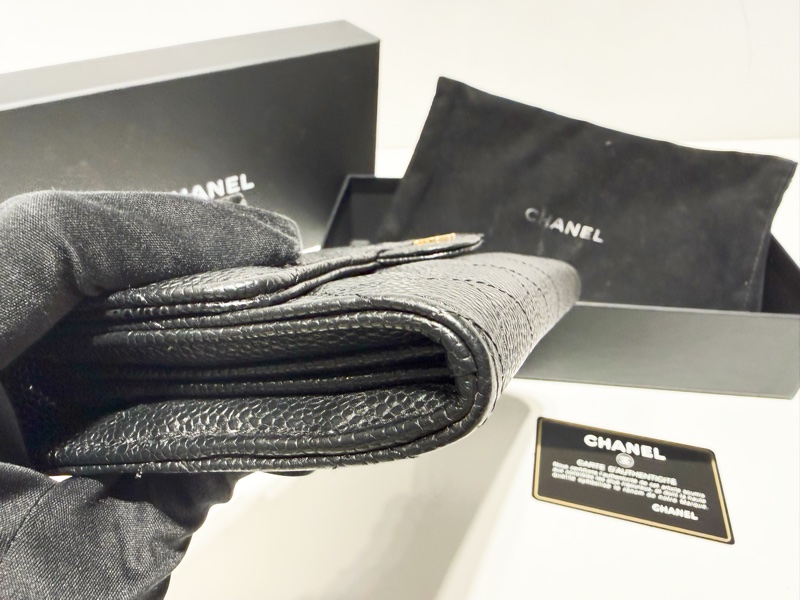 二手真品CHANEL黑色荔枝皮金釦coco翻蓋長夾AP0241-5