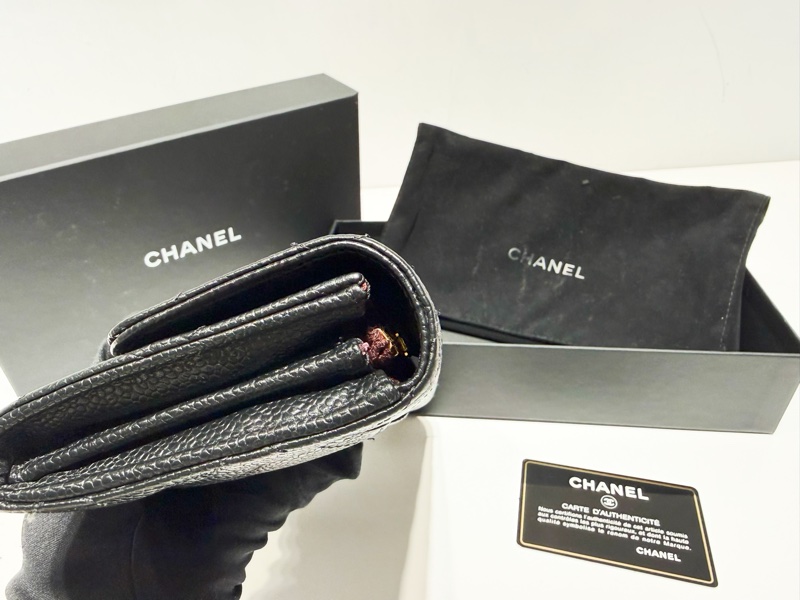 二手真品CHANEL黑色荔枝皮金釦coco翻蓋長夾AP0241-8