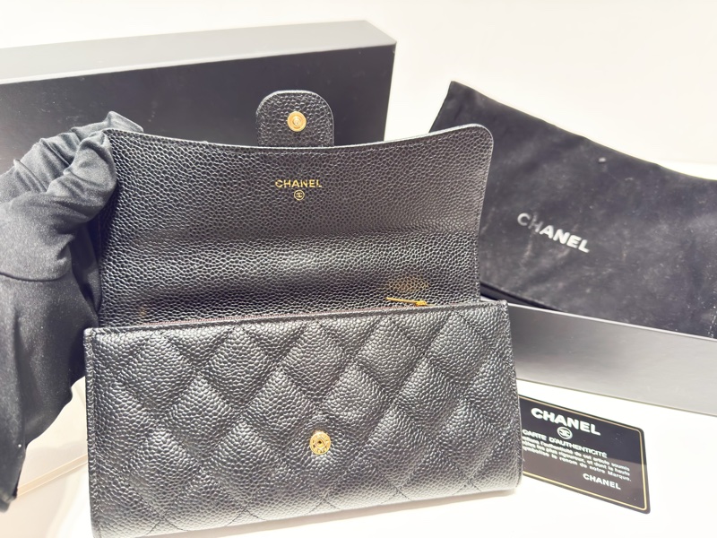 二手真品CHANEL黑色荔枝皮金釦coco翻蓋長夾AP0241-9