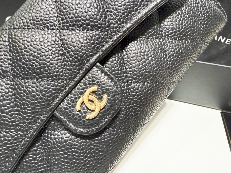 二手真品CHANEL黑色荔枝皮金釦coco翻蓋長夾AP0241-10