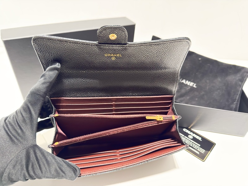 二手真品CHANEL黑色荔枝皮金釦coco翻蓋長夾AP0241-11