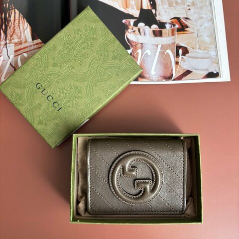 ::GUCCI:: 760317 Blondie系列 大雙G 墨綠色皮革短夾 零錢包 錢包
