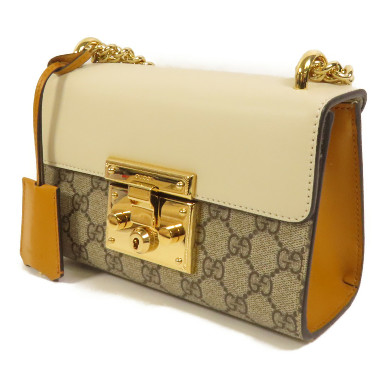 GUCCI 牛皮皮革/塗層帆布Padlock GG金扣肩背袋-2