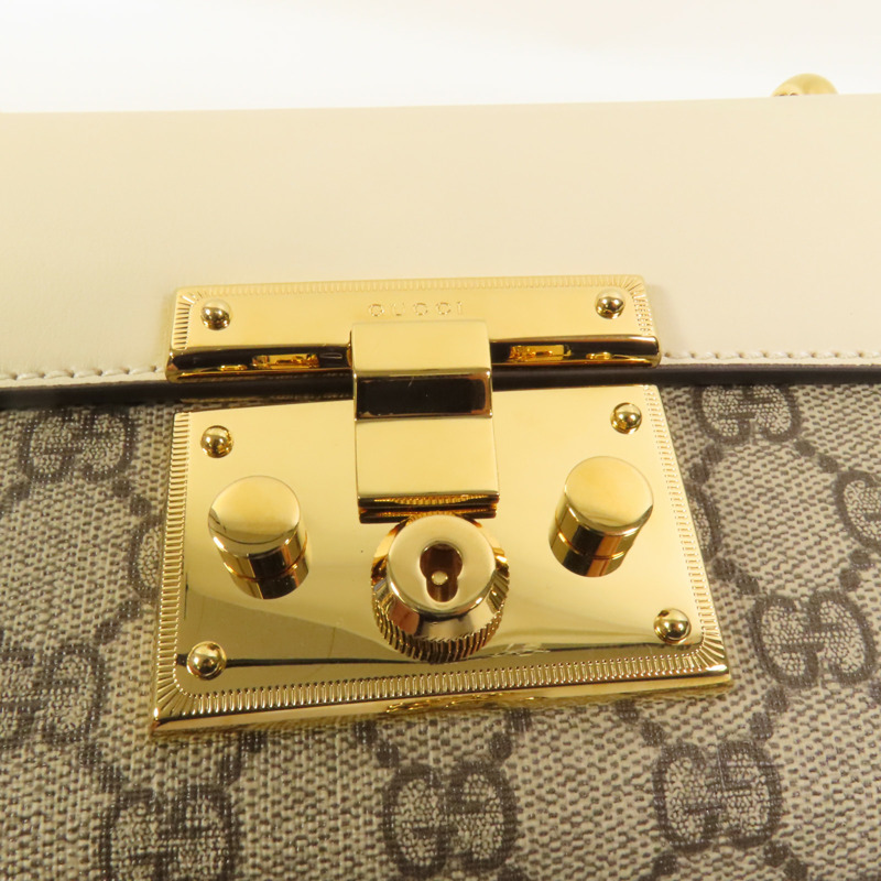 GUCCI 牛皮皮革/塗層帆布Padlock GG金扣肩背袋-7