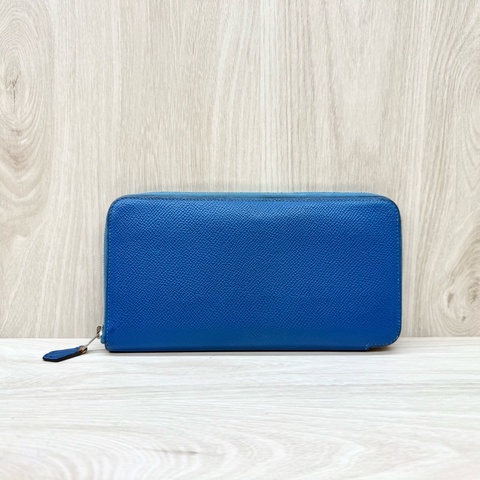 HERMES T7水妖藍EPSOM牛皮銀釦拉練絲巾長夾