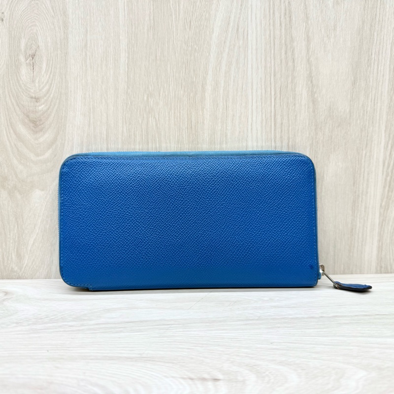 HERMES T7水妖藍EPSOM牛皮銀釦拉練絲巾長夾-1