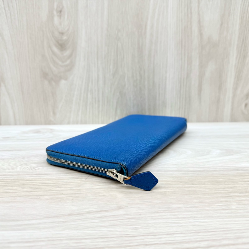 HERMES T7水妖藍EPSOM牛皮銀釦拉練絲巾長夾-2