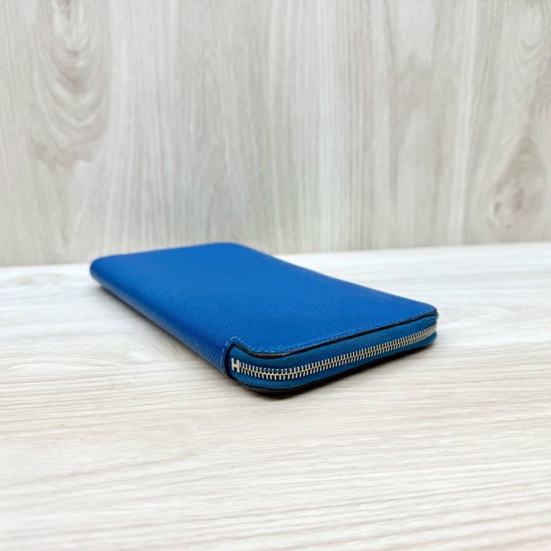 HERMES T7水妖藍EPSOM牛皮銀釦拉練絲巾長夾-3