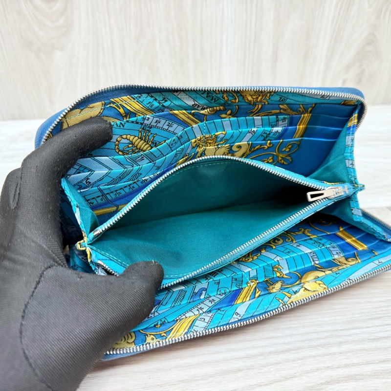 HERMES T7水妖藍EPSOM牛皮銀釦拉練絲巾長夾-6