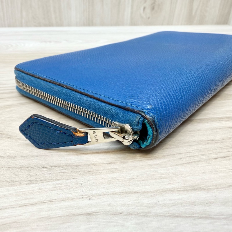 HERMES T7水妖藍EPSOM牛皮銀釦拉練絲巾長夾-7