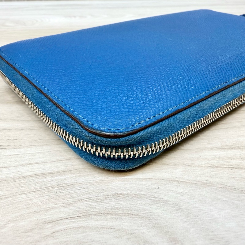 HERMES T7水妖藍EPSOM牛皮銀釦拉練絲巾長夾-9