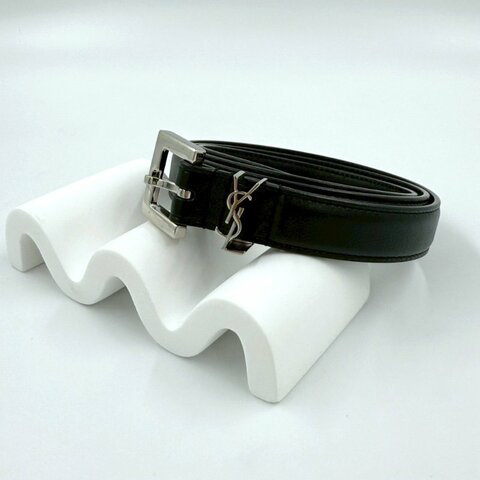 YSL黑色牛皮銀LOGO細版皮帶