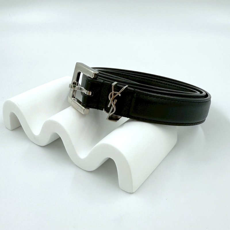 YSL黑色牛皮銀LOGO細版皮帶-0