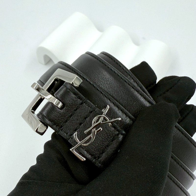 YSL黑色牛皮銀LOGO細版皮帶-1