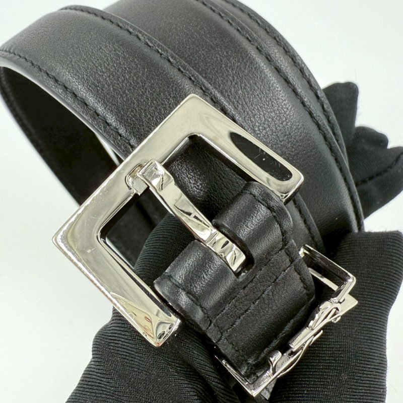 YSL黑色牛皮銀LOGO細版皮帶-2