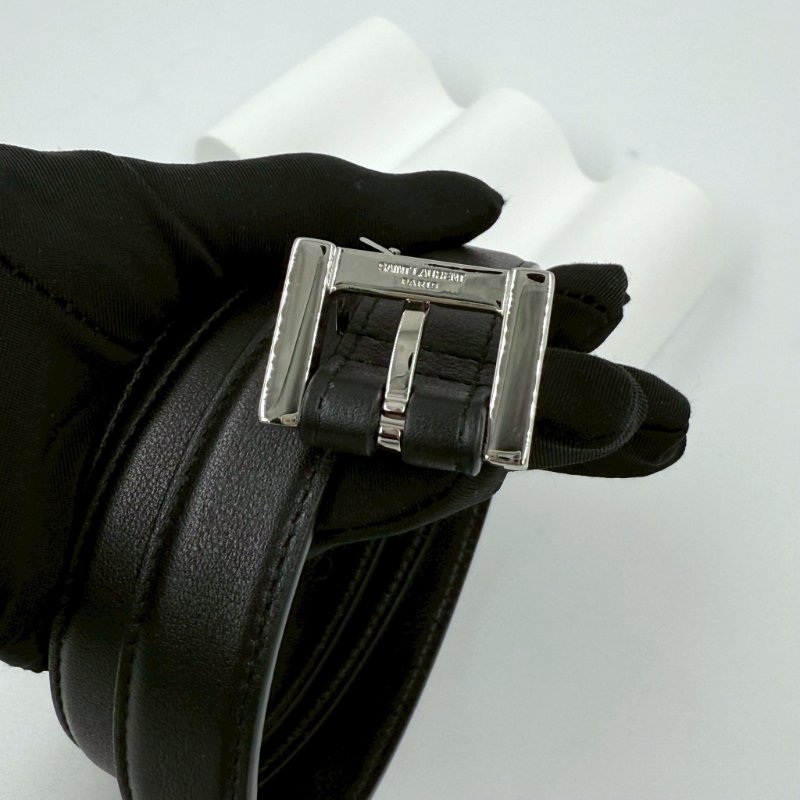 YSL黑色牛皮銀LOGO細版皮帶-3