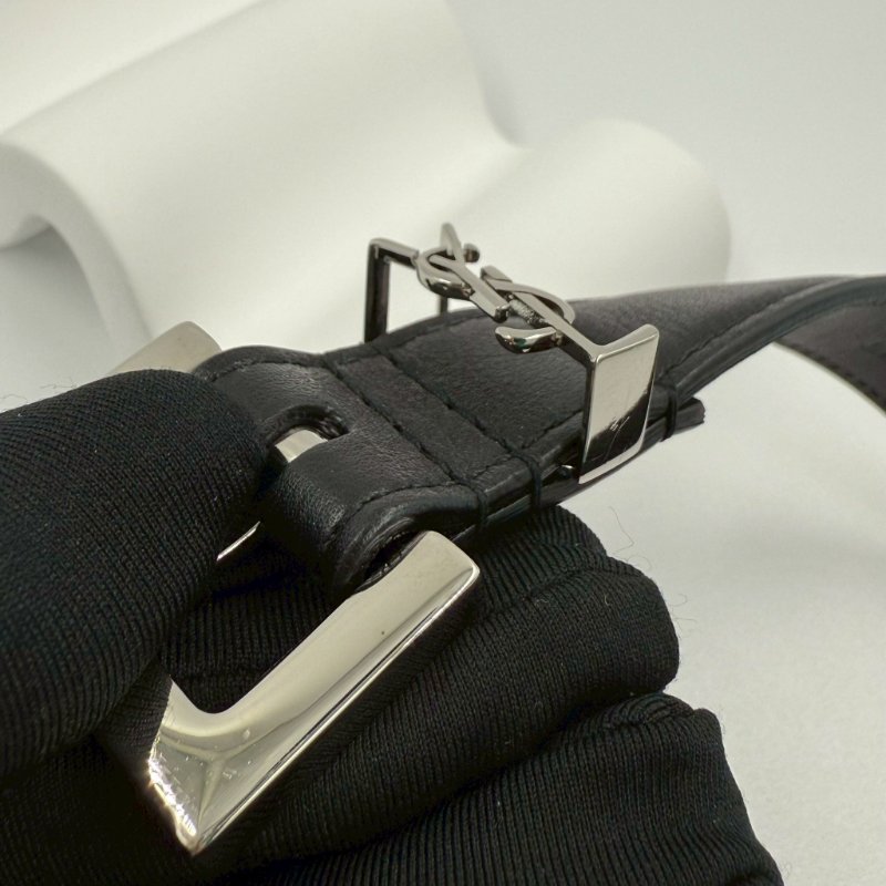 YSL黑色牛皮銀LOGO細版皮帶-6