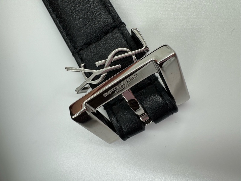 YSL黑色牛皮銀LOGO細版皮帶-8