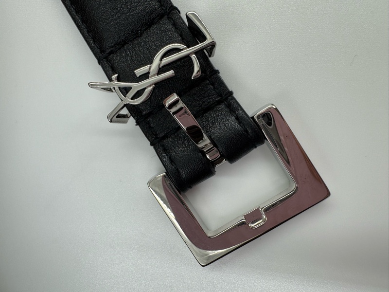 YSL黑色牛皮銀LOGO細版皮帶-9