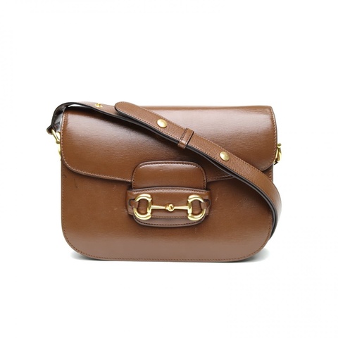 GUCCI 1955馬銜扣全皮郵差包褐色牛皮肩背包金扣