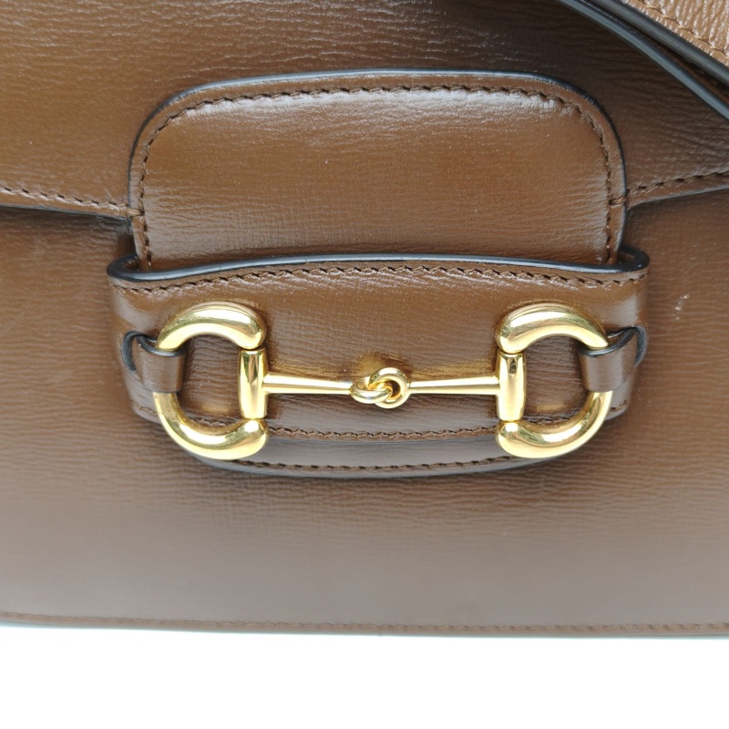 GUCCI 1955馬銜扣全皮郵差包褐色牛皮肩背包金扣-4