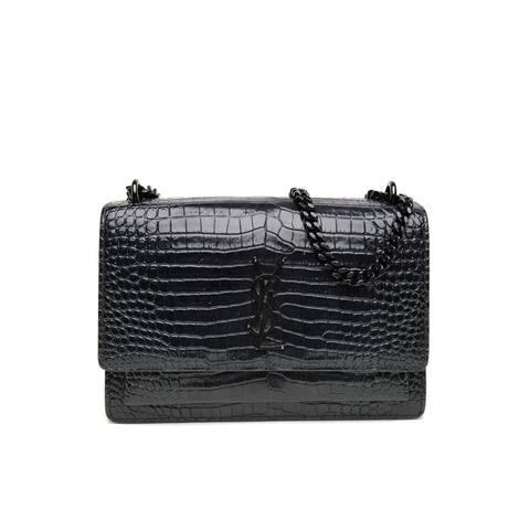 SAINT LAURENT SUNSET日落包中號22鱷魚壓紋牛皮黑扣肩背包