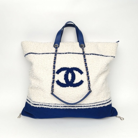 CHANEL 拼色毛呢27開銀扣字母logo毛巾沙灘包帶手柄購物袋大號肩背包