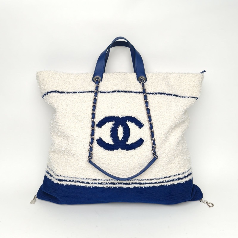 CHANEL 拼色毛呢27開銀扣字母logo毛巾沙灘包帶手柄購物袋大號肩背包-0