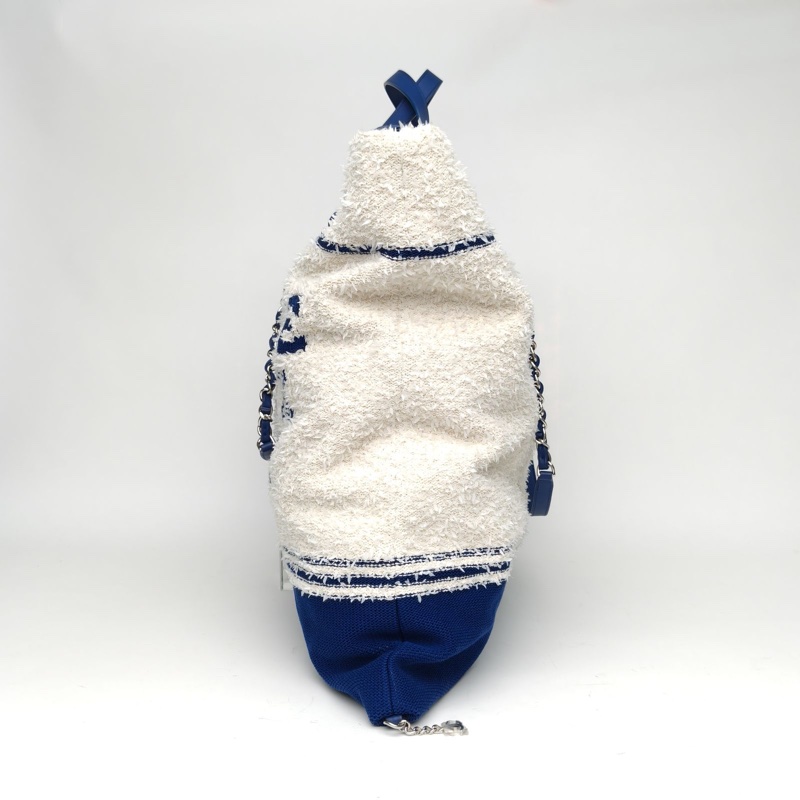 CHANEL 拼色毛呢27開銀扣字母logo毛巾沙灘包帶手柄購物袋大號肩背包-1