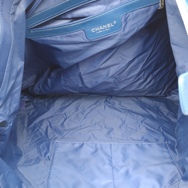 CHANEL 拼色毛呢27開銀扣字母logo毛巾沙灘包帶手柄購物袋大號肩背包-5