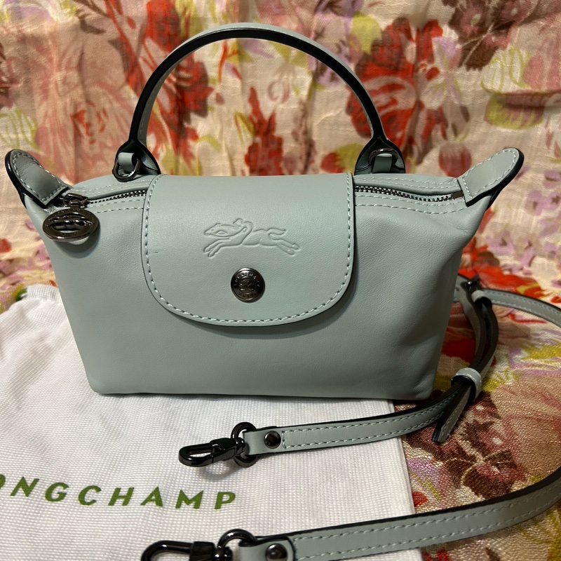 LONGCHAMP LE PLIAGE XTRA 系列牛皮水餃包/斜背/手提 XS鼠尾草綠 有防塵袋-0