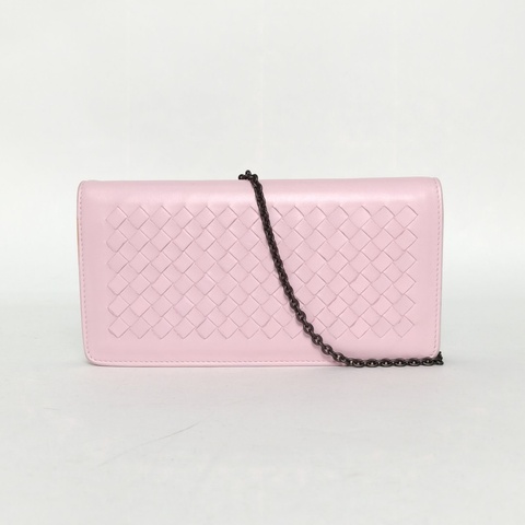 BOTTEGA VENETA 粉色羊皮鎢鋼扣經典編織Woc鏈條包肩背包