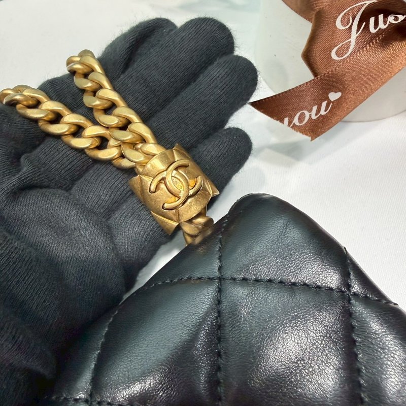 CHANEL 22K黑金金柱調節釦風琴包-6