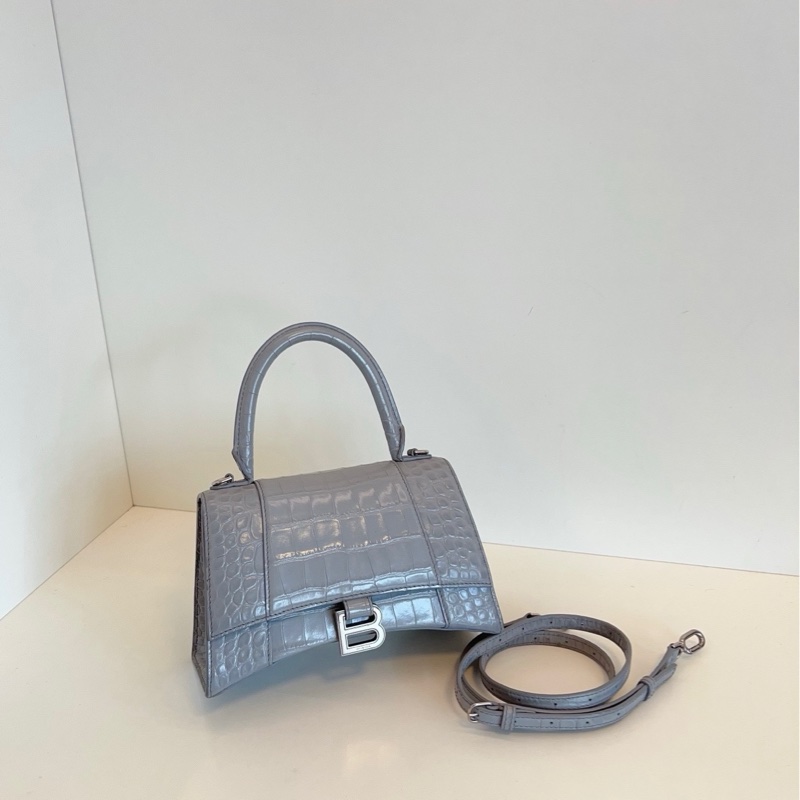 98新Balenciaga 巴黎世家 Hourglass 鰐魚紋沙漏包 XS 灰銀-0